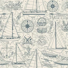 Sailboat and yachting elements  collage with nautical map background marine vector seamless pattern