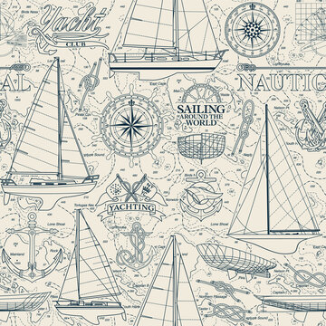 Sailboat and yachting elements  collage with nautical map background marine vector seamless pattern