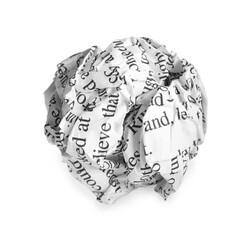 Crumpled sheet of paper with printed text isolated on white