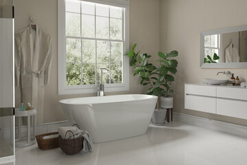 Naklejka na ściany i meble Modern bathroom interior with wooden decor in eco style. 3D Render 