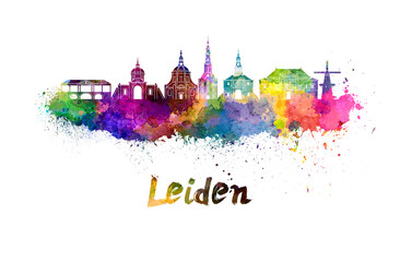 Obraz premium Leiden skyline in watercolor splatters with clipping path