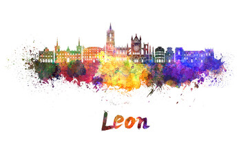 Leon skyline in watercolor splatters with clipping path