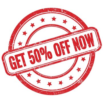 GET 50% OFF NOW text on red grungy round rubber stamp.