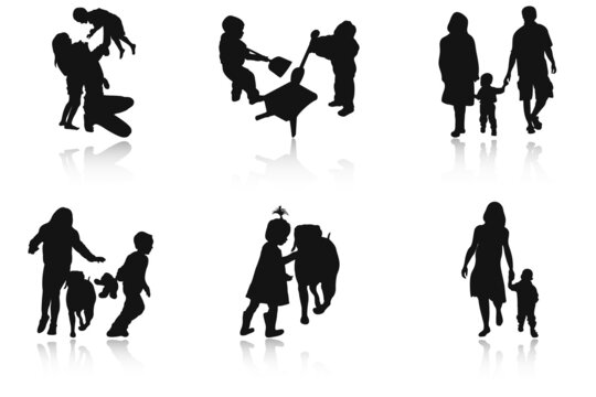 Set of silhouettes of family and children. Silhouettes of playing children and happy families with reflection.
