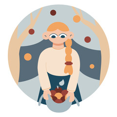 Vector flat cartoon illustration. The girl picks apples in the apple orchard. Red and yellow apples.