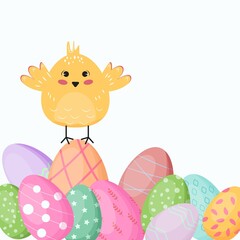 Cute chicks sitting on Easter eggs. Cute round bird sitting on painted eggs. Vector illustration.