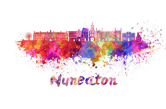 Nuneaton skyline in watercolor