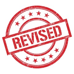 REVISED text written on red vintage stamp.