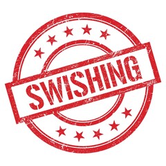 SWISHING text written on red vintage stamp.