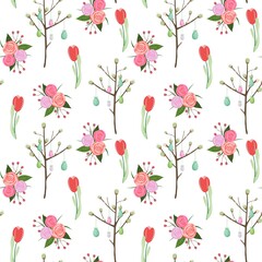 Floral seamless pattern with tulips, willow, eggs and roses.