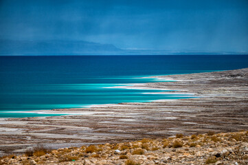 Salt beach of the Dead Sea in Jordan.