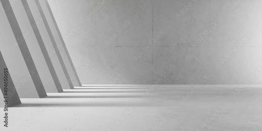 Aufkleber 3d render of empty concrete room with shadow on the wall,	Contemporary architecture design.

