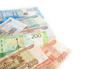 Currency russians rubles including new 200 and 2000 rub in set. Isolated on white background