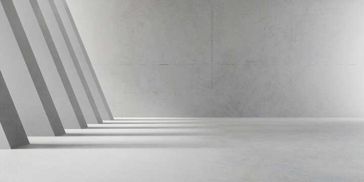 3d render of empty concrete room with shadow on the wall,	Contemporary architecture design.
