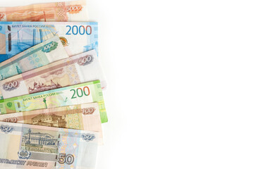 Currency russians rubles including new 200 and 2000 rub in set. Isolated on white background