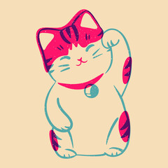 Lucky cat. Colorful cute screen printing effect. Riso print effect. Vector illustration. Graphic element  for fabric, textile, clothing, wrapping paper, wallpaper, poster.