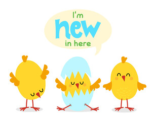 I'm new in here - cute chicks and hatching chick with eggshell. Cartoon easter bunny painting an egg. Eggs in basket, flowers, chickens, hen and cock bundle. Illustration of funny bunny season