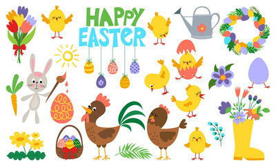Happy Easter cute animal characters and garden elements. Cartoon easter bunny painting an egg. Eggs in basket, flowers, chickens, hen and cock bundle. Illustration of funny rabbit and bunny season.