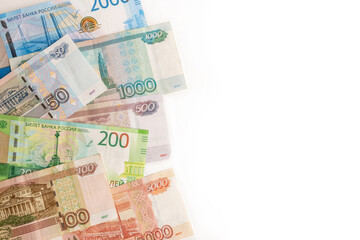 Currency russians rubles including new 200 and 2000 rub in set. Isolated on white background