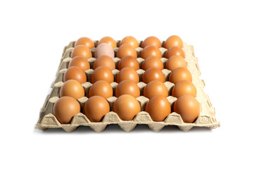 Brown hen eggs in carton box isolated on white background.Close up full pack.