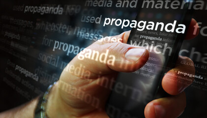 News titles on screen in hand with propaganda 3d illustration