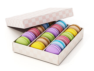 Group of colorful macarons in the box isolated on white background. 3D illustration
