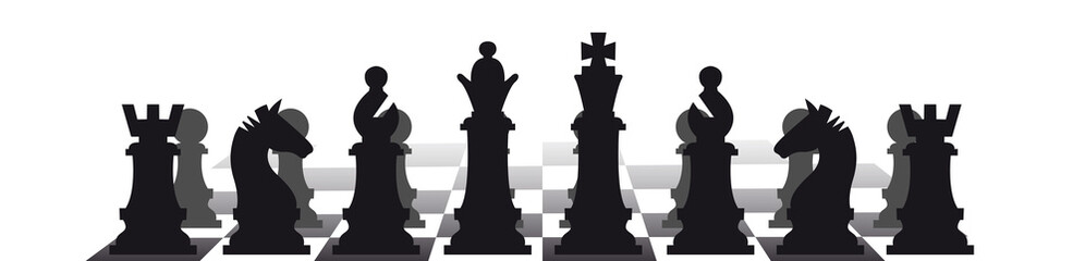 Chess game white background. Chess pieces on chessboard. Vector banner