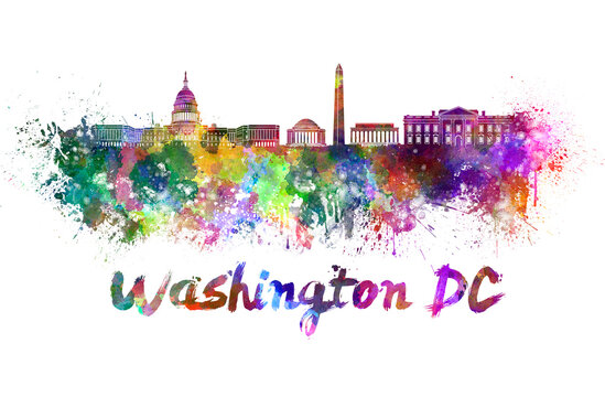 Washington DC skyline in watercolor