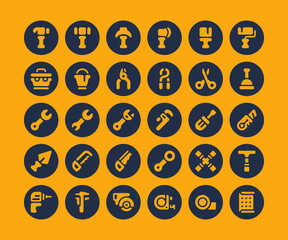 Simple set of 30 tool icons in circular glyph style