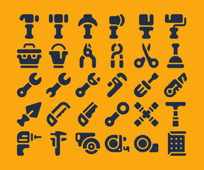 Simple set of 30 tool icons in rounded glyph style
