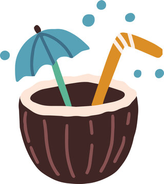 Fresh Tropical Cocktail in Coconut Half Cartoon Illustration