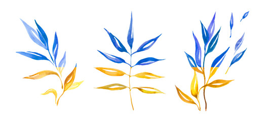 Fototapeta na wymiar Yellow and blue branches with leaves isolated on white background. Spring set. Design element. Springtime concept. Ukraine flag colors