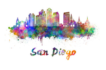 San Diego skyline in watercolor splatters with clipping path