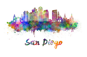 Obraz premium San Diego skyline in watercolor splatters with clipping path
