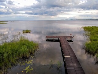 Lonely pier in the evening on the shore of Lake Śniardwy