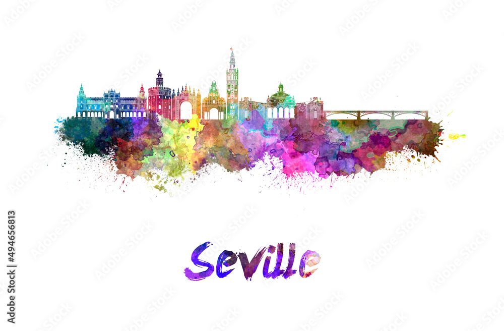 Wall mural Seville skyline in watercolor