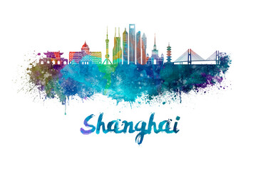 Shanghai V2 skyline in watercolor splatters with clipping path