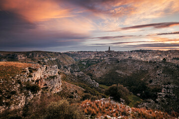 Naklejka premium sunset over the city of matera