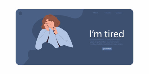 I'm tired.  An unhappy woman.  Bad mood, depressive state. The concept of mental health. Psychotherapy. A painful condition. Landing Page Template. Cartoon vector illustration. All elements isolated.