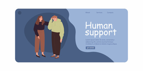 Human support. A girl calms a sad man. The concept of supporting a loved one. Mutual understanding in a couple. Psychological support. Landing Page Template. Vector flat cartoon illustration.