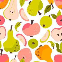 Apples and pear seamless pattern. Vector background with sliced ​​pieces and  ripe fruits. Food print. Perfect for printing on the fabric, design package and cover