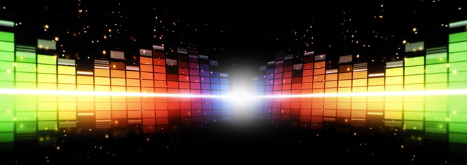 Sound equalizer. Wave pattern of music sounds element on monitor screen. Digital equalizer. Modern song equalisers dark background. Colorful waveform of musical soundtrack. Music equalizers display.  - obrazy, fototapety, plakaty