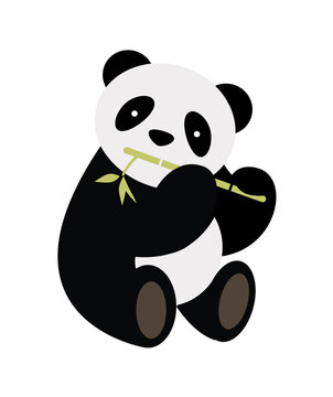 Panda bear sits and holds bamboo branch. 
Vector illustration.