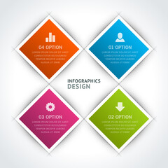 Infographic geometric buttons vector banner. Orange rhomboid shapes with square sides and green text options. Yellow annotations statistics with pink business banners and presentation diagrams.