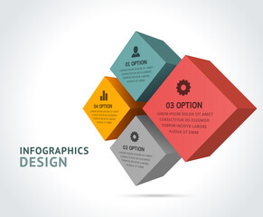 Infographic square buttons isometric vector template. Red volumetric optimization form with yellow analytical statistics. Creative green search business candidacy with chart tabs settings.
