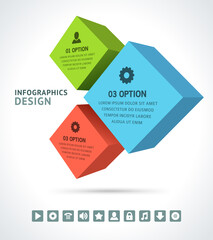 Square infographic with icon bar isometric vector template. Green volumetric optimization form with red analytical statistics quick buttons navigation menu. Blue search with chart tabs settings.