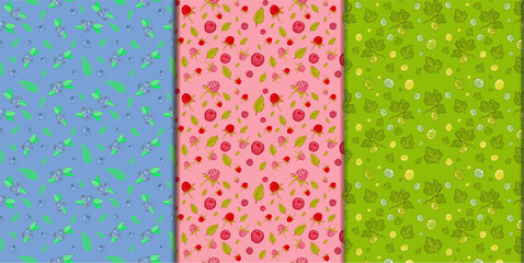 Set Seamless berry texture, gooseberry, raspberry, blueberry, strawberry background. Summer seamless background. Pattern for fabric or paper. Hand drawing.