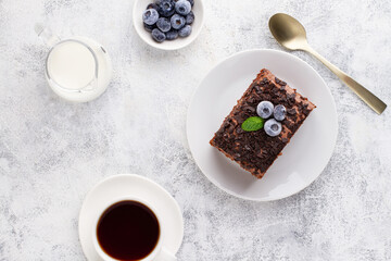 Coffee and chocolate cake, top view