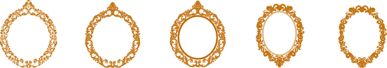 Set of golden oval vintage frames, design elements. Vector.