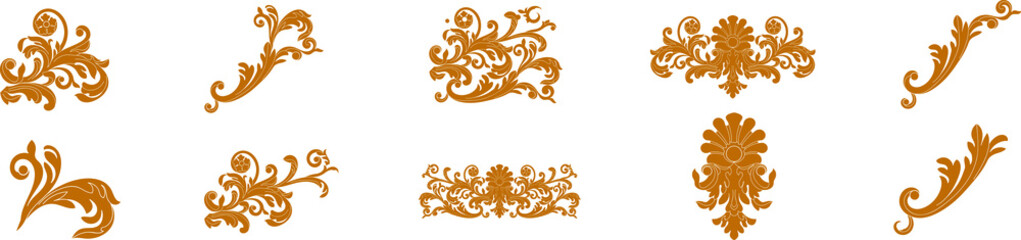 Set of golden vintage baroque ornament, corner. Retro pattern antique style acanthus. Decorative design element filigree calligraphy vector - obrazy, fototapety, plakaty